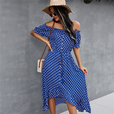 Ladies Vintage Maxi Polka Dot Print Summer Dress Women Casual Off Shoulder Sexy Button Long Women Beach Dress