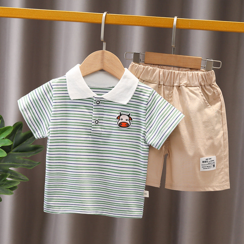 Boys Summer Short Sleeve Set 1-5 year old baby striped short sleeved 2 piece jean shorts set for primary and middle school children