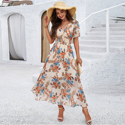 Women's spring/summer style print waist short sleeve dress