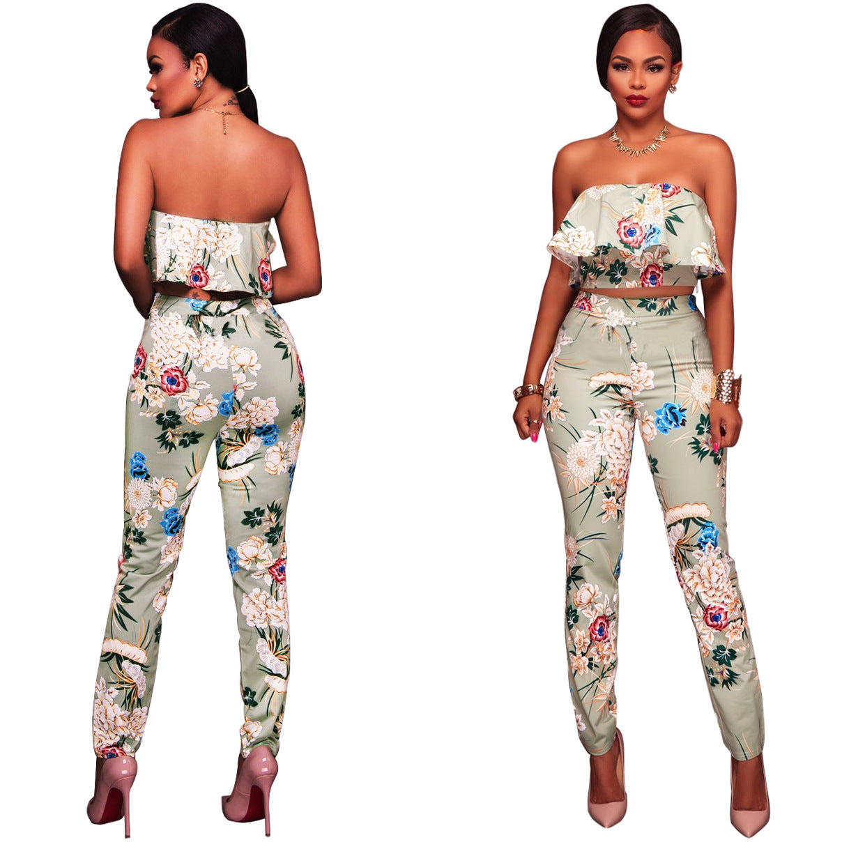 Summer Women Clothes Plus size Flower two piece set Print off shoulder crop top Ruffles cropped Tops Pants Pattern suit