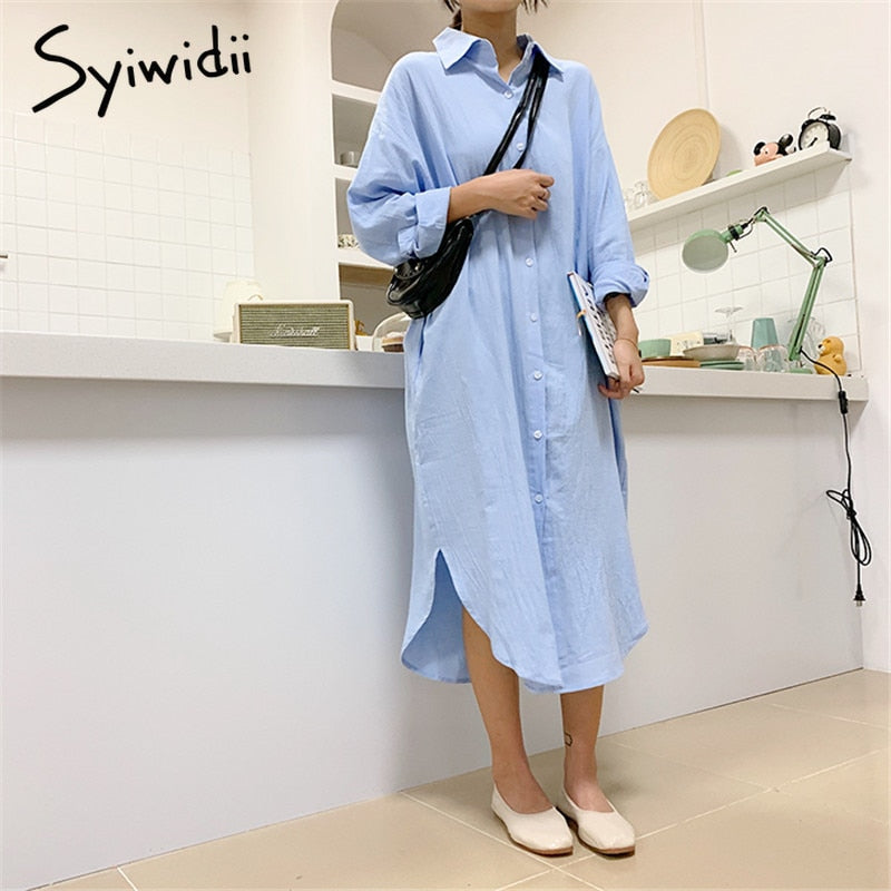 Syiwidii Woman Long Shirt Dress Cotton Loose Korean Clothing Summer Autumn Khaki White Blue Oversized Pure Midi Dresses