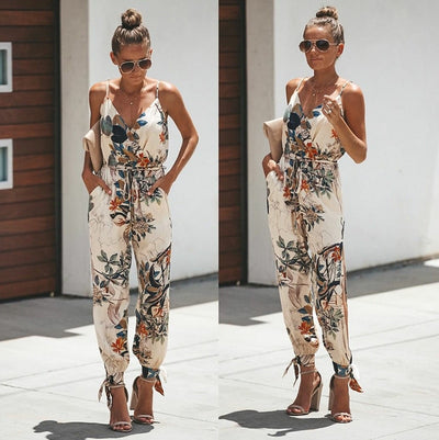 V Neck Sexy Bodysuits Women With Belt Body Femme Feminino Floral Playsuit Overalls Print Spring Summer Jumpsuit