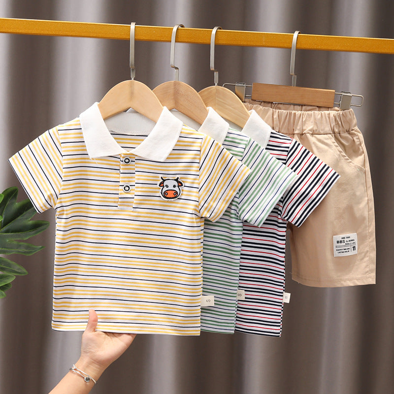 Boys Summer Short Sleeve Set 1-5 year old baby striped short sleeved 2 piece jean shorts set for primary and middle school children