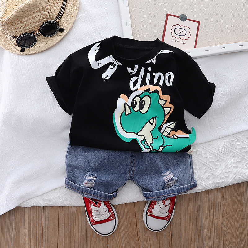 Children's Clothing Korean Version Children's Cartoon Round Neck T-Shirt Boy Short Sleeve Suit