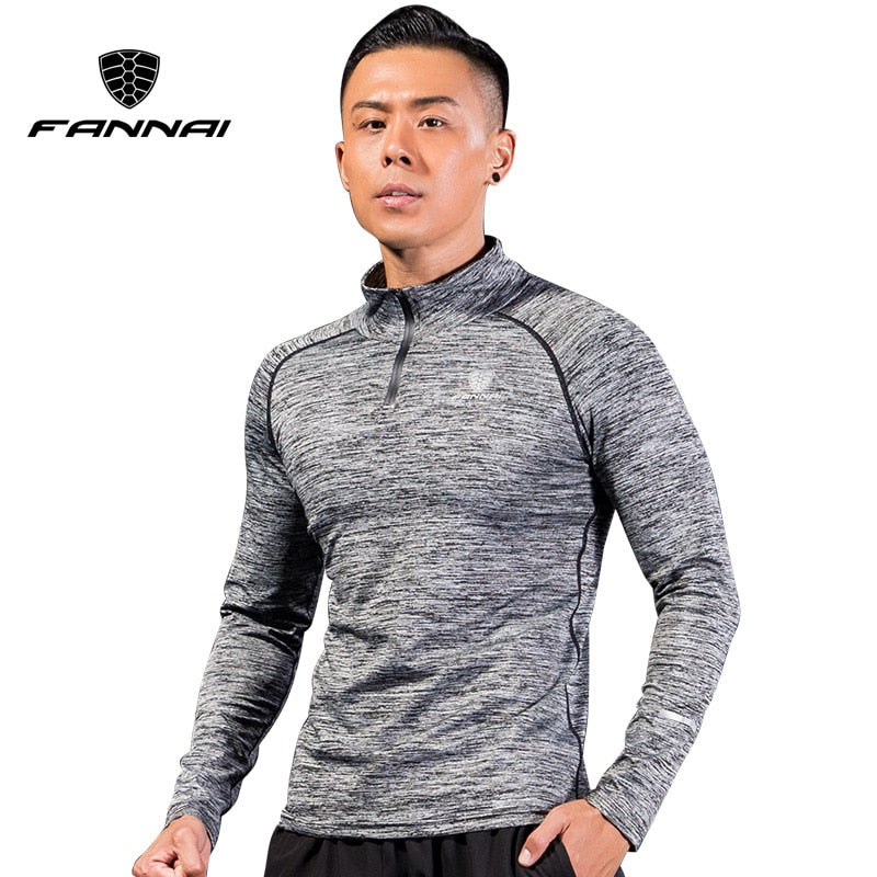 FANNAI Sport Men T-shirt with Zipper Quick Dry Long Sleeve Camisa Sportswear Men Fitness Outdoor Running Trainining Clothing Gym