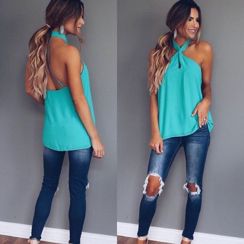 Sexy Women Fashion Summer Vest Top Sleeveless Backless Casual Tank Tops Halter Pure Color