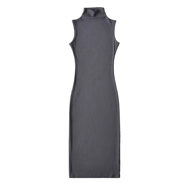 Elegant Dress Turtleneck Covered Hip Summer New Style Solid Color Dress Fashion Slim Sexy Women Sleeveless Long Bodycon Dress