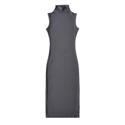 Elegant Dress Turtleneck Covered Hip Summer New Style Solid Color Dress Fashion Slim Sexy Women Sleeveless Long Bodycon Dress