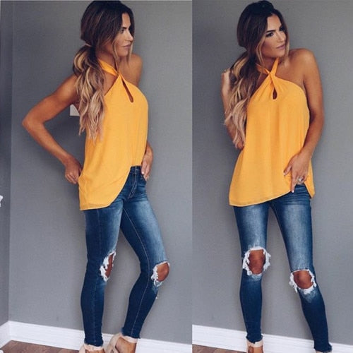 Sexy Women Fashion Summer Vest Top Sleeveless Backless Casual Tank Tops Halter Pure Color