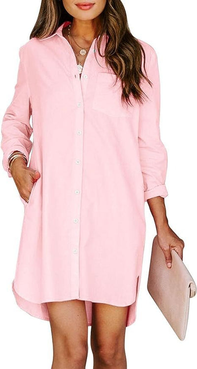 Women's button up shirt dress with pockets, cotton button up waist tied long sleeved solid color high and low shirt