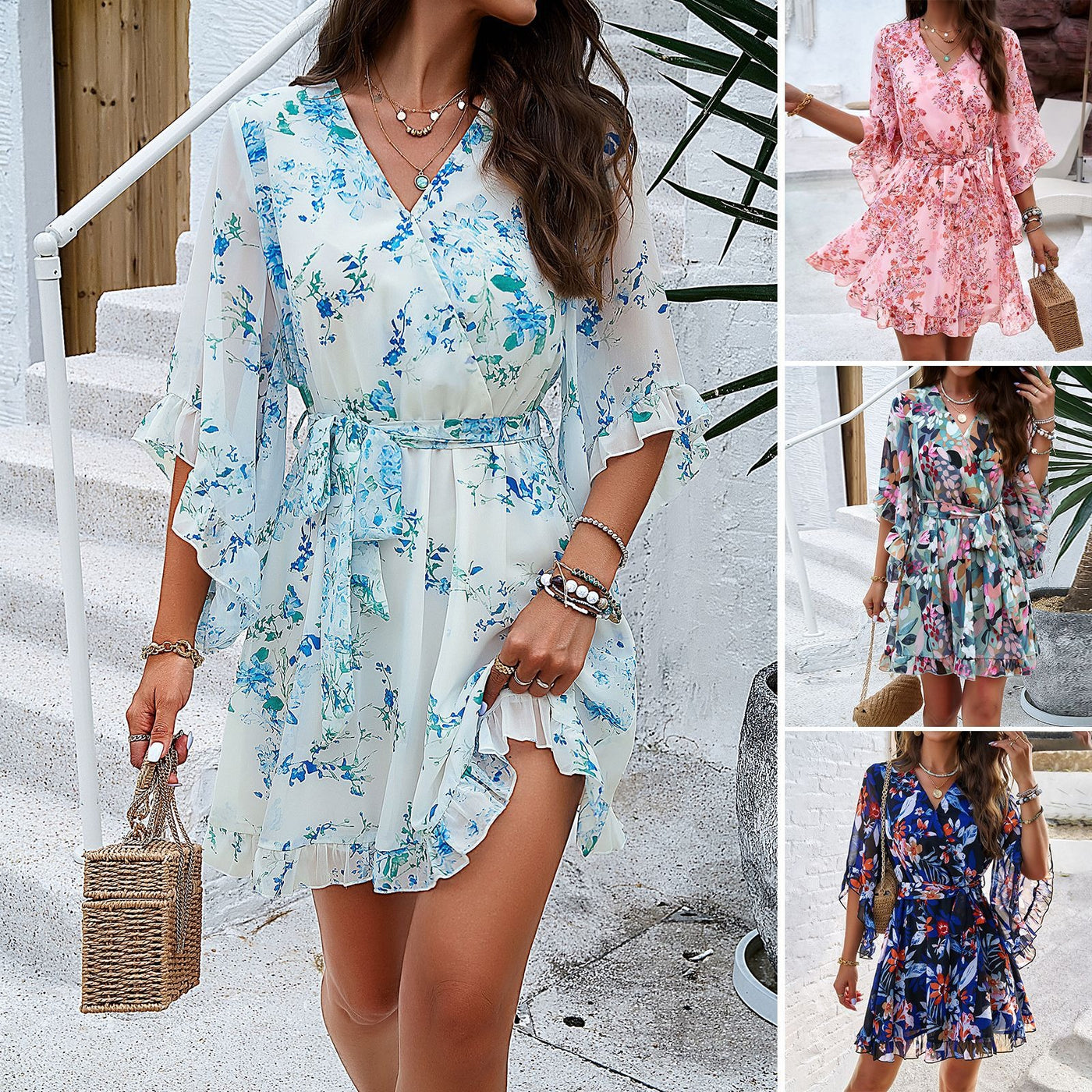 Spring/Summer elegance printed lace-up dress