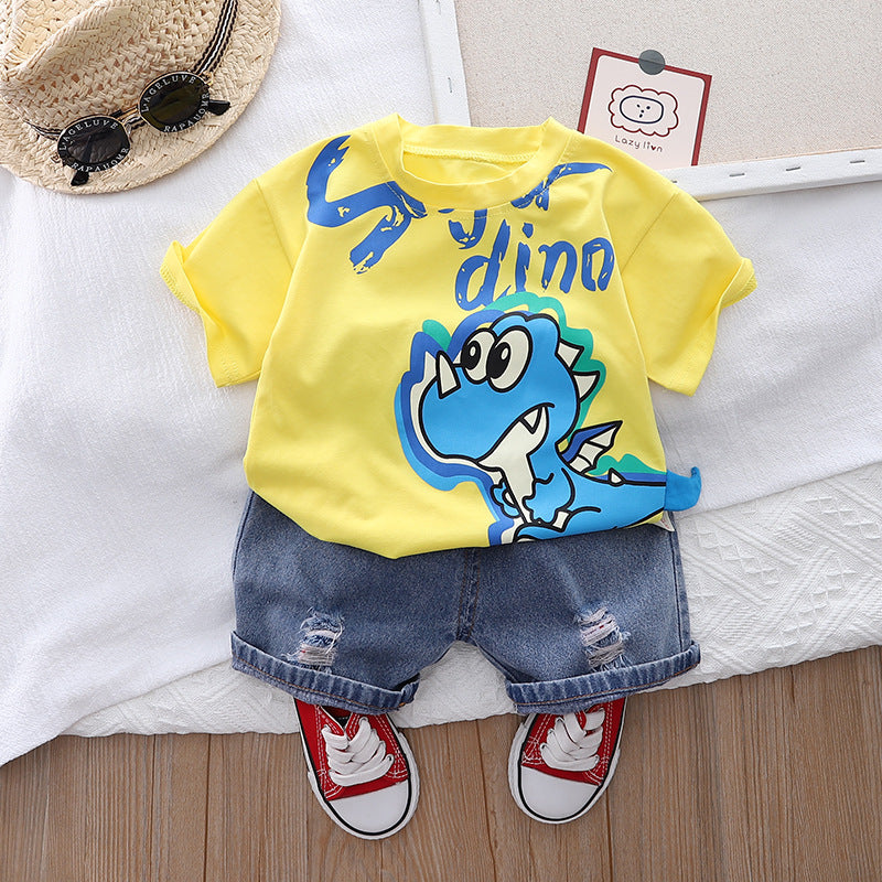 Children's Clothing Korean Version Children's Cartoon Round Neck T-Shirt Boy Short Sleeve Suit