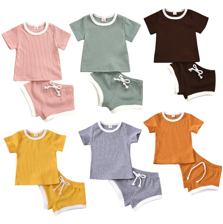 2020 Toddler Baby Boys Girls Summer Clothing Newborn Kids Baby Girls Ribbed Knitted Short Sleeve T-shirts+Shorts Tracksuits Sets