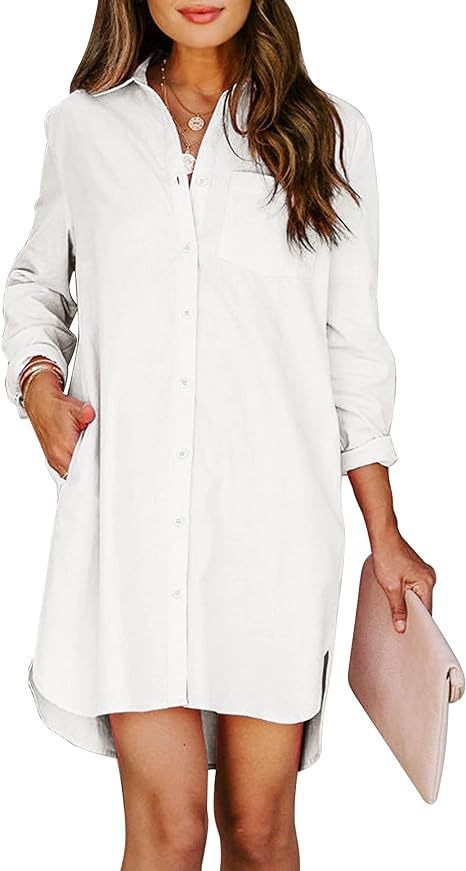 Women's button up shirt dress with pockets, cotton button up waist tied long sleeved solid color high and low shirt