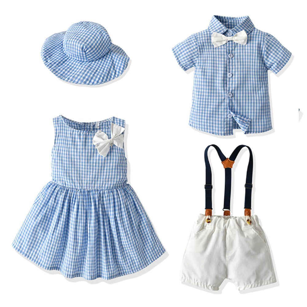 New Childrens Wear Boys and Girls Summer Checker Casual Suit Siblings Baby Set