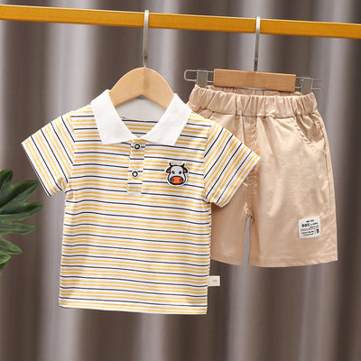 Boys Summer Short Sleeve Set 1-5 year old baby striped short sleeved 2 piece jean shorts set for primary and middle school children