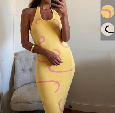 Knitted Bodycon Dress Women Y2K Halter Neck Summer Yellow Sleeveless Midi Backless Party Sexy Dresses