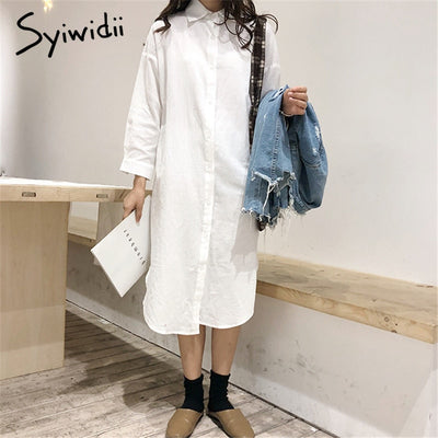 Syiwidii Woman Long Shirt Dress Cotton Loose Korean Clothing Summer Autumn Khaki White Blue Oversized Pure Midi Dresses