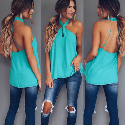 Sexy Women Fashion Summer Vest Top Sleeveless Backless Casual Tank Tops Halter Pure Color