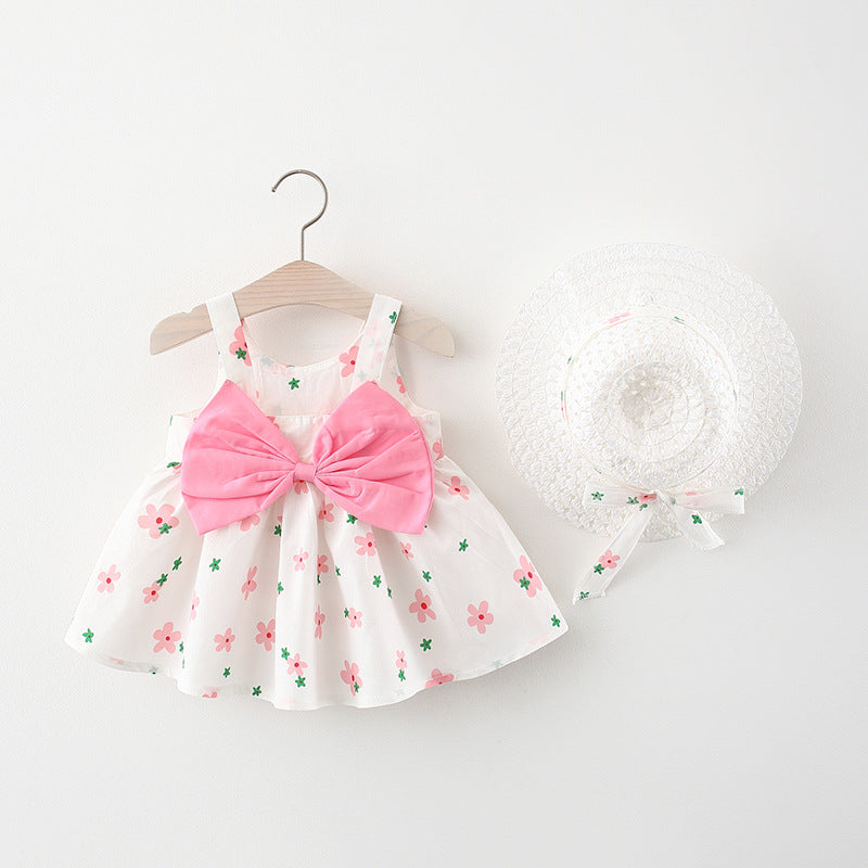 Summer New Korean Style Suspender Dress Girl Baby Print Bow Princess Dress