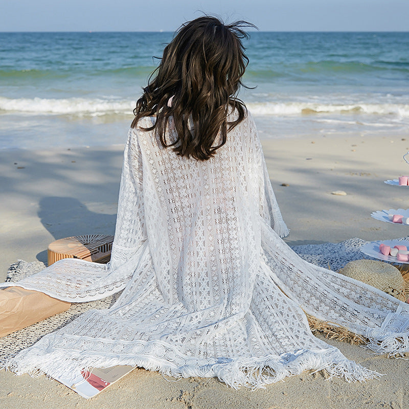 Hollow Lace Fringed Cardigan Women's Mid-Length Shawl Outer Summer Thin Coat Seaside Holiday Beach Sun Protection Clothing