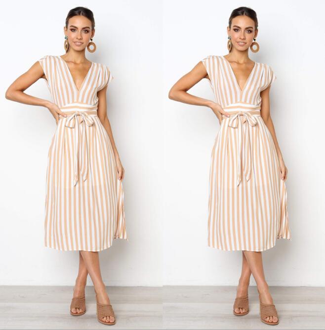 Women's Dresses Spring Summer Dress Vestidos Women Casual Stripe Printing Off Shoulder Sleeveless Dress Princess Dress