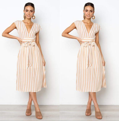 Women's Dresses Spring Summer Dress Vestidos Women Casual Stripe Printing Off Shoulder Sleeveless Dress Princess Dress