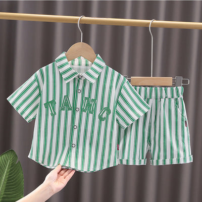 Children's Suit Summer New Boy Baby Fashionable Vertical Striped Handsome Letter Short-Sleeved Shirt Two-Piece