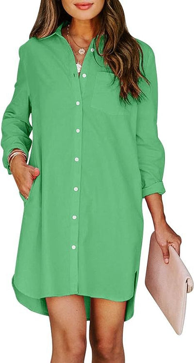 Women's button up shirt dress with pockets, cotton button up waist tied long sleeved solid color high and low shirt