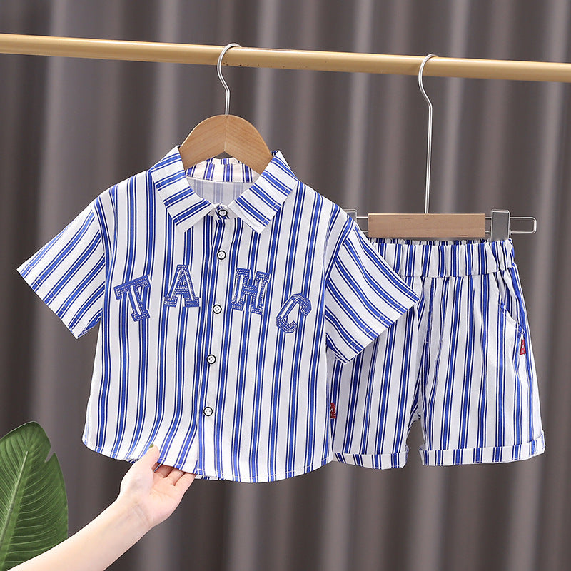 Children's Suit Summer New Boy Baby Fashionable Vertical Striped Handsome Letter Short-Sleeved Shirt Two-Piece