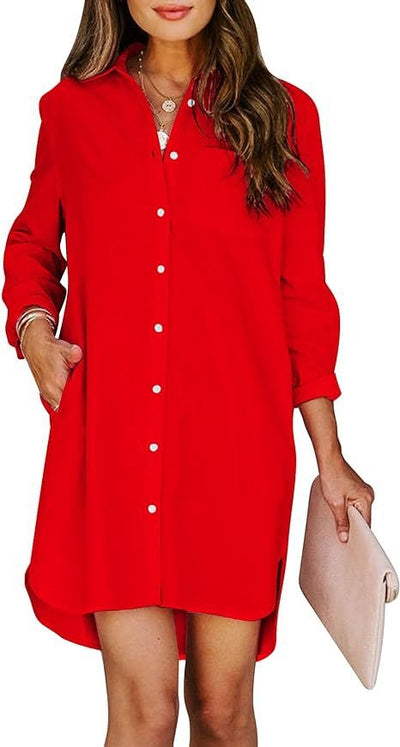 Women's button up shirt dress with pockets, cotton button up waist tied long sleeved solid color high and low shirt