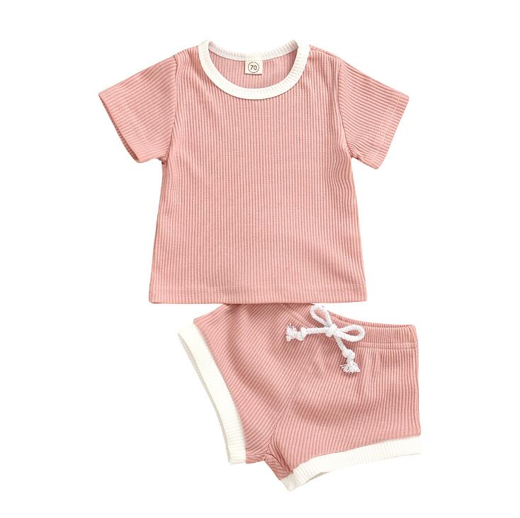 2020 Toddler Baby Boys Girls Summer Clothing Newborn Kids Baby Girls Ribbed Knitted Short Sleeve T-shirts+Shorts Tracksuits Sets