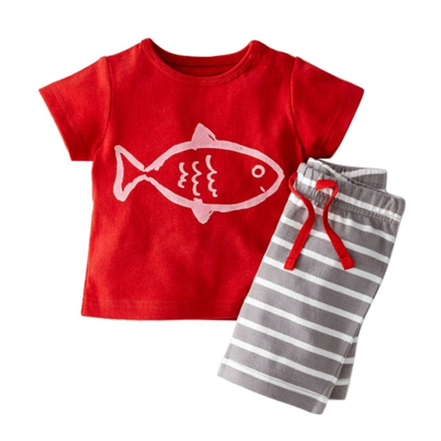 2 pcs Baby Boy Clothing Set Summer Cartoon Printed T-Shirt+ Stripe Shorts Baby Boy Clothes