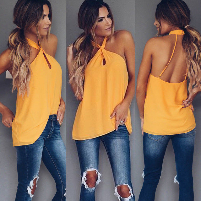 Sexy Women Fashion Summer Vest Top Sleeveless Backless Casual Tank Tops Halter Pure Color