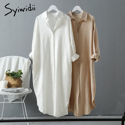 Syiwidii Woman Long Shirt Dress Cotton Loose Korean Clothing Summer Autumn Khaki White Blue Oversized Pure Midi Dresses