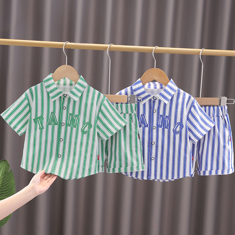 Children's Suit Summer New Boy Baby Fashionable Vertical Striped Handsome Letter Short-Sleeved Shirt Two-Piece