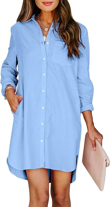 Women's button up shirt dress with pockets, cotton button up waist tied long sleeved solid color high and low shirt