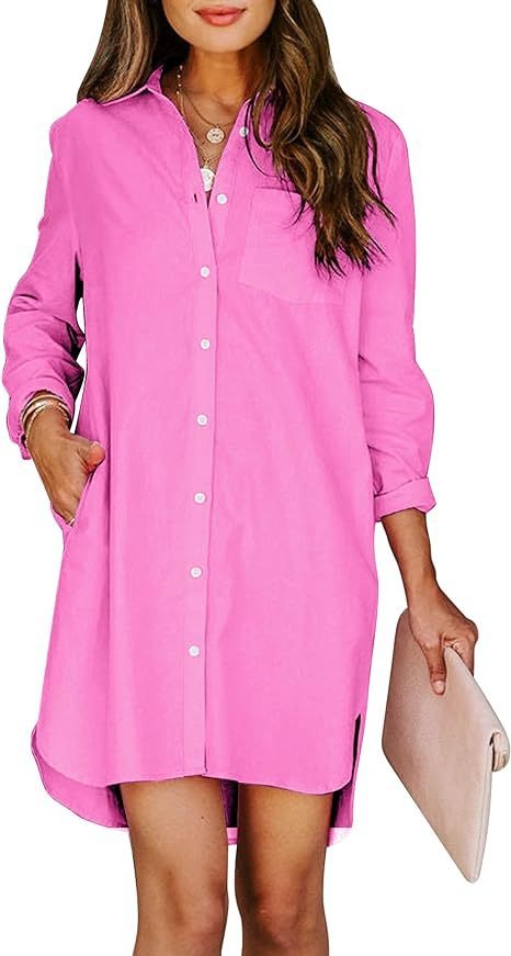 Women's button up shirt dress with pockets, cotton button up waist tied long sleeved solid color high and low shirt