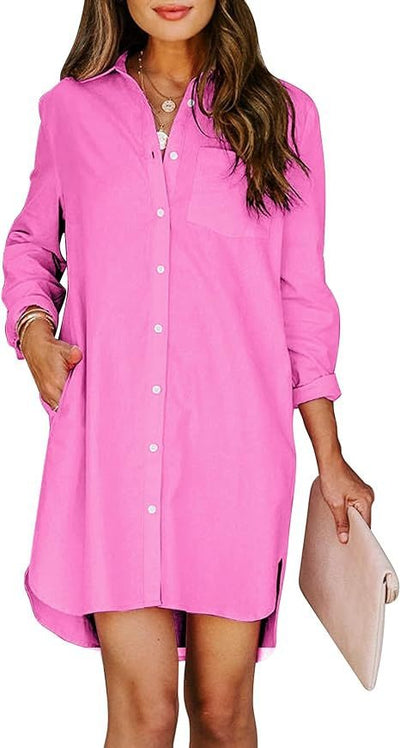 Women's button up shirt dress with pockets, cotton button up waist tied long sleeved solid color high and low shirt