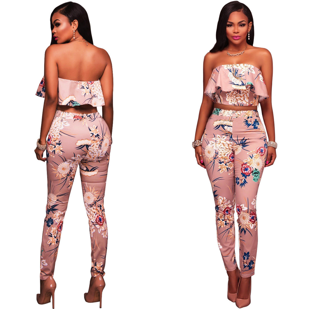 Summer Women Clothes Plus size Flower two piece set Print off shoulder crop top Ruffles cropped Tops Pants Pattern suit