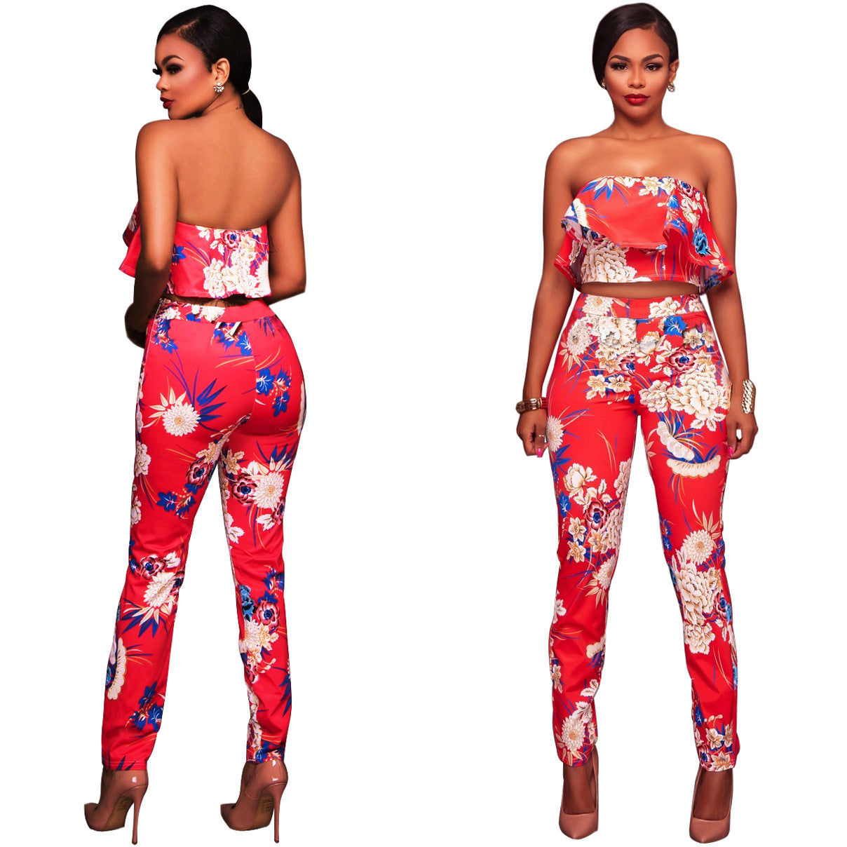 Summer Women Clothes Plus size Flower two piece set Print off shoulder crop top Ruffles cropped Tops Pants Pattern suit