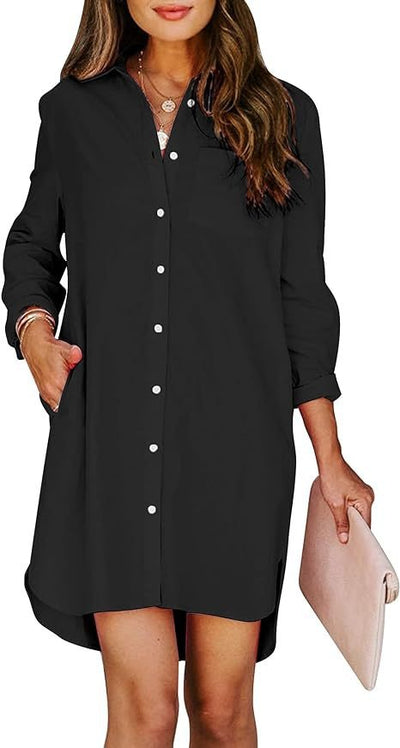 Women's button up shirt dress with pockets, cotton button up waist tied long sleeved solid color high and low shirt