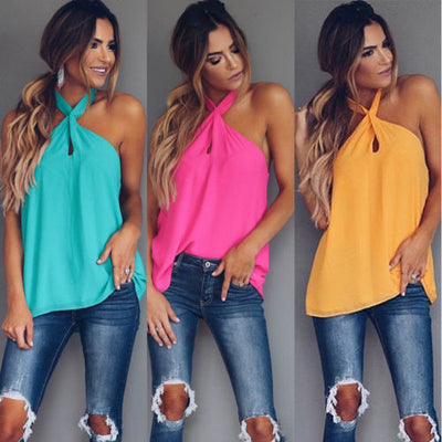 Sexy Women Fashion Summer Vest Top Sleeveless Backless Casual Tank Tops Halter Pure Color