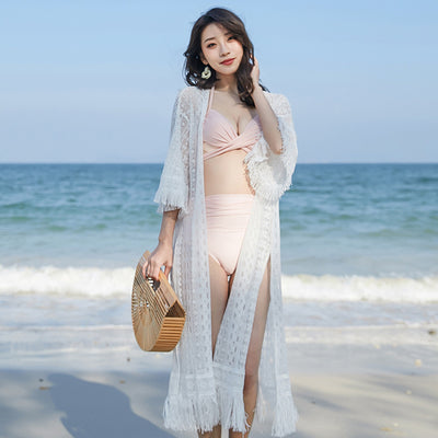 Hollow Lace Fringed Cardigan Women's Mid-Length Shawl Outer Summer Thin Coat Seaside Holiday Beach Sun Protection Clothing