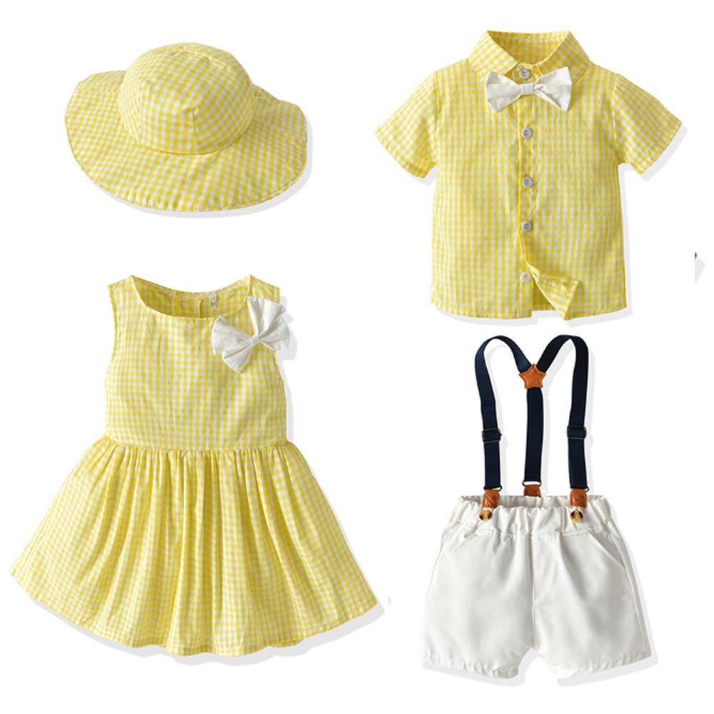 New Childrens Wear Boys and Girls Summer Checker Casual Suit Siblings Baby Set