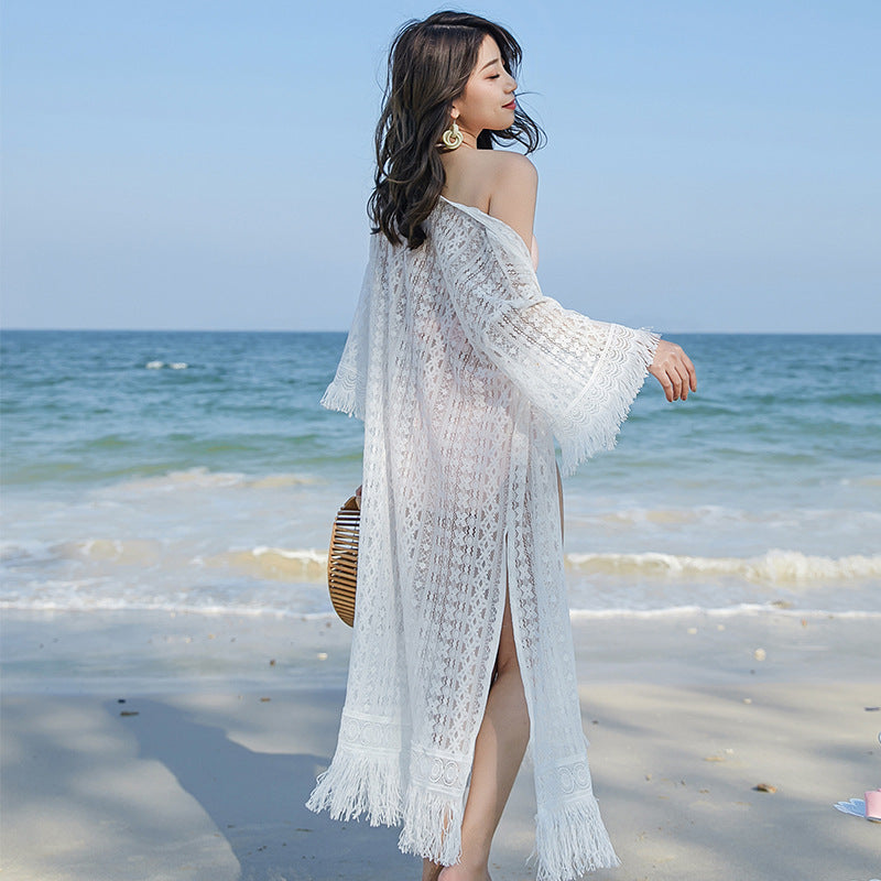 Hollow Lace Fringed Cardigan Women's Mid-Length Shawl Outer Summer Thin Coat Seaside Holiday Beach Sun Protection Clothing