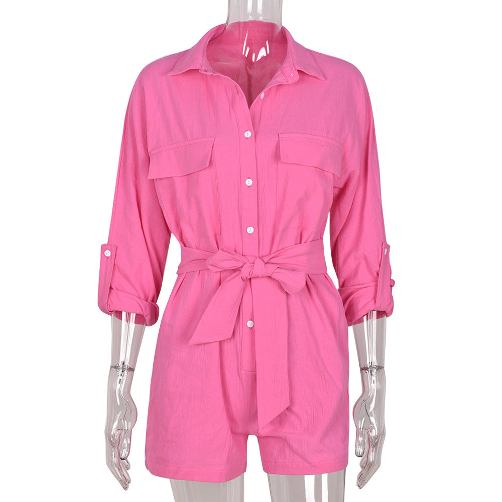 Summer Loose Button Up Shirt Collar Belt Short Sleeve Jumpsuit For Women