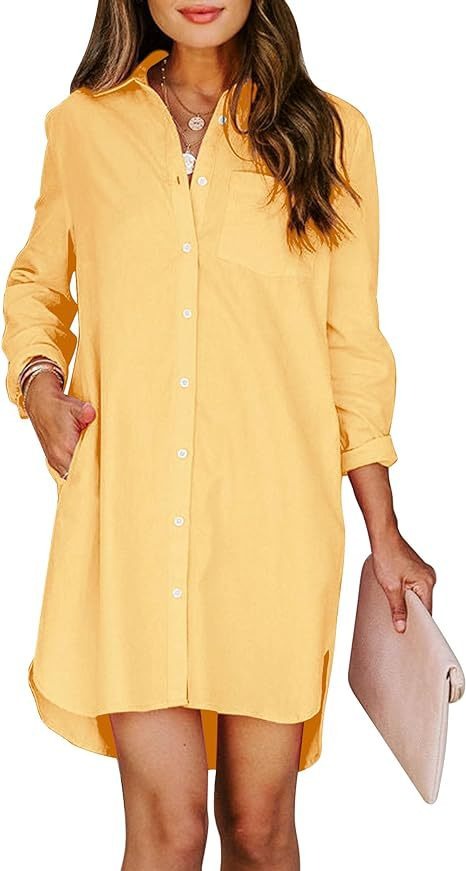 Women's button up shirt dress with pockets, cotton button up waist tied long sleeved solid color high and low shirt