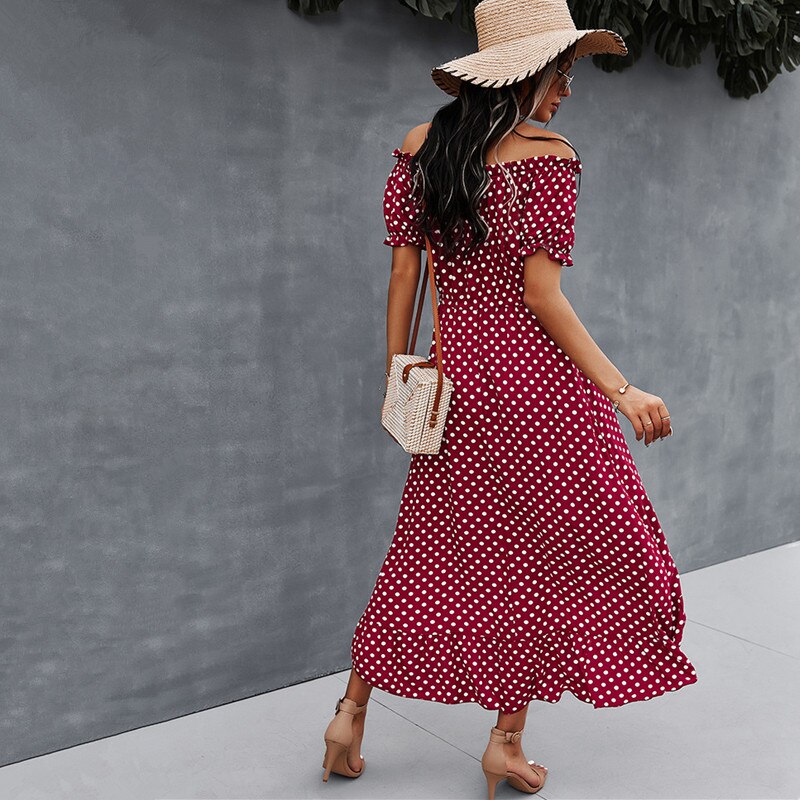 Ladies Vintage Maxi Polka Dot Print Summer Dress Women Casual Off Shoulder Sexy Button Long Women Beach Dress