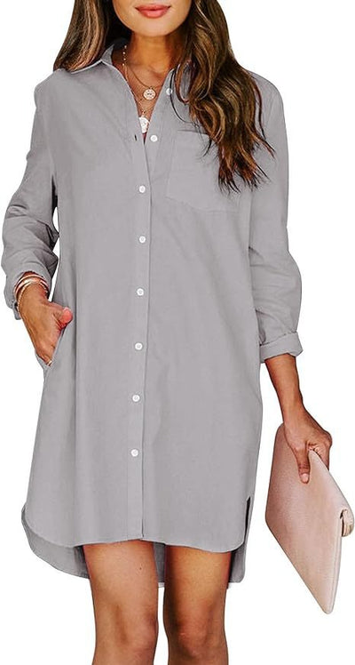 Women's button up shirt dress with pockets, cotton button up waist tied long sleeved solid color high and low shirt